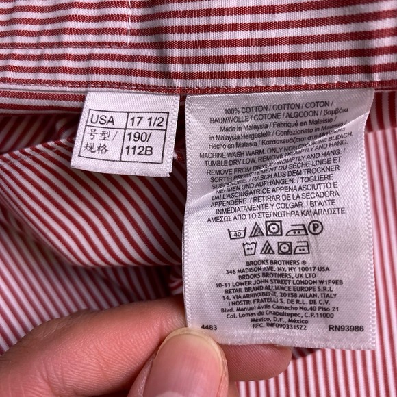 Brooks Brothers 346 Shirt 17.5 6 7 Mens L/S Button Down Red Striped VGUC - Picture 8 of 8